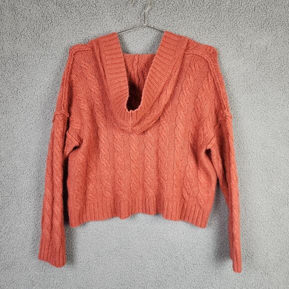 Womens American Eagle Orange V-neck Chunky Knit Hooded Sweater Sz Medium - Picture 2 of 7
